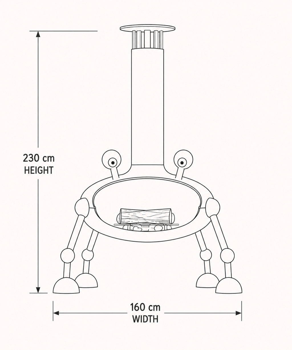 Black and white line drawing of a freestanding fire pit or small stove with measurement labels showing 230 cm height and 160 cm width on a light background.