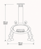 Black and white line drawing of a freestanding fire pit or small stove with measurement labels showing 230 cm height and 160 cm width on a light background.