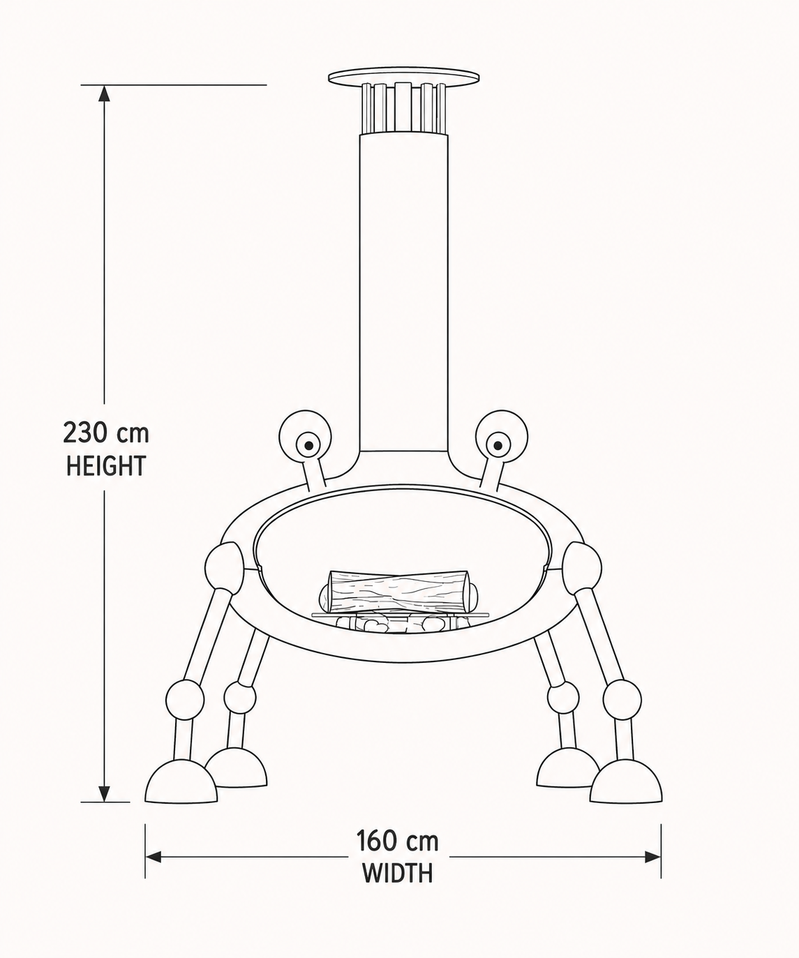 Black and white line drawing of a freestanding fire pit or small stove with measurement labels showing 230 cm height and 160 cm width on a light background.