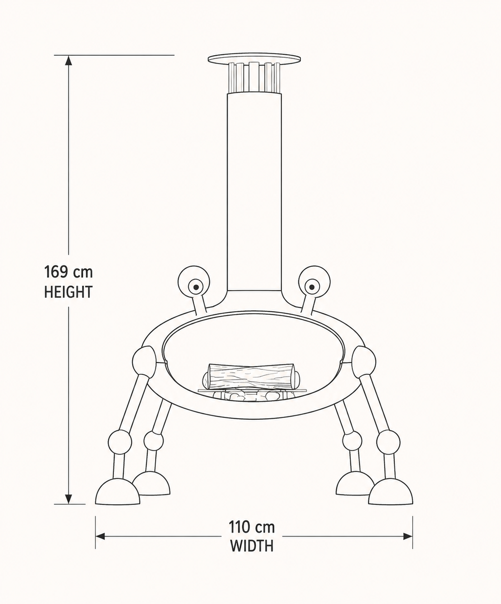 Black and white line drawing showing the dimensions of a small tabletop fireplace or stove, with labeled height 169 cm and width 110 cm on a plain light background.
