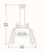 Black and white line drawing showing the dimensions of a small tabletop fireplace or stove, with labeled height 169 cm and width 110 cm on a plain light background.