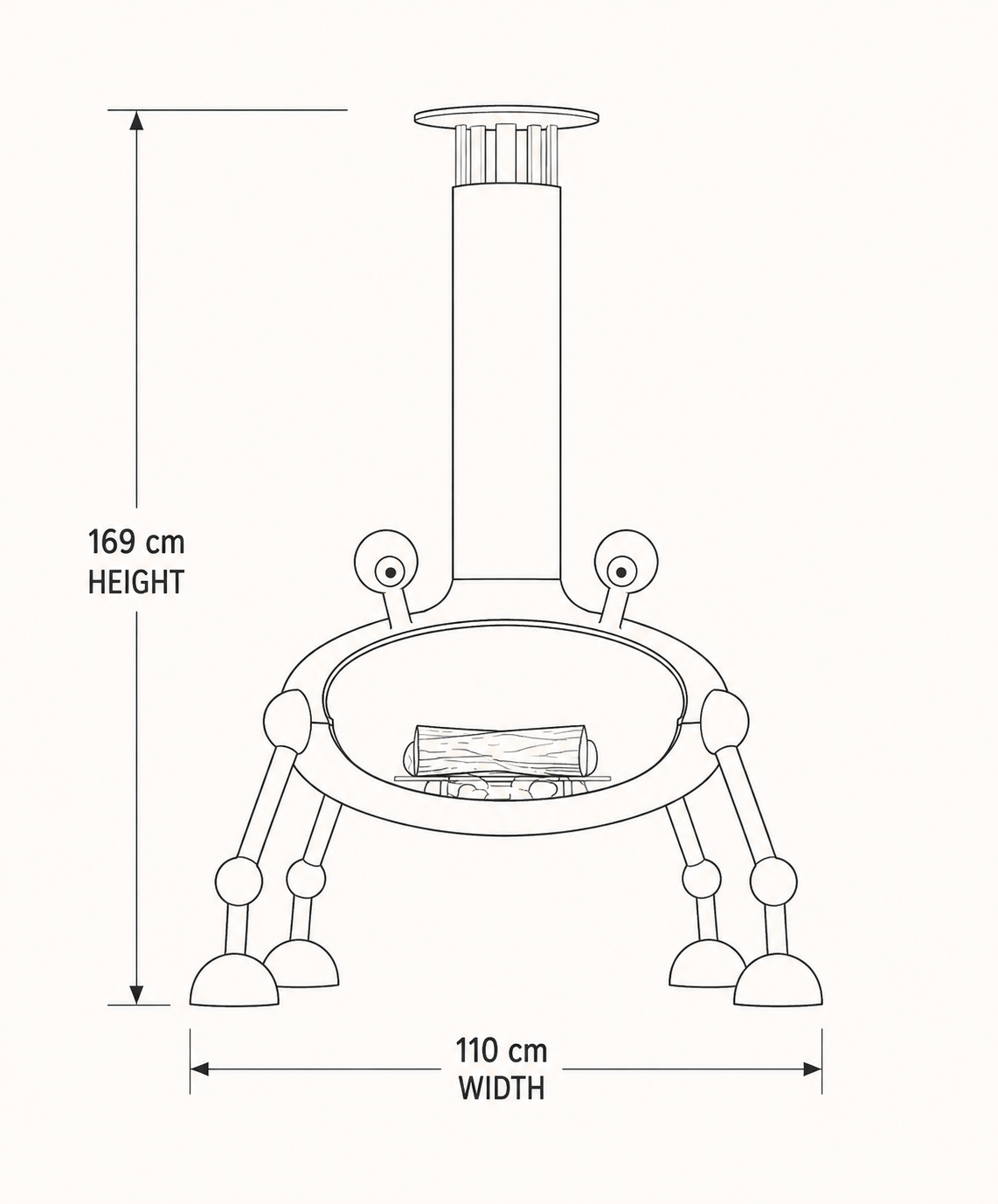 Black and white line drawing showing the dimensions of a small tabletop fireplace or stove, with labeled height 169 cm and width 110 cm on a plain light background.