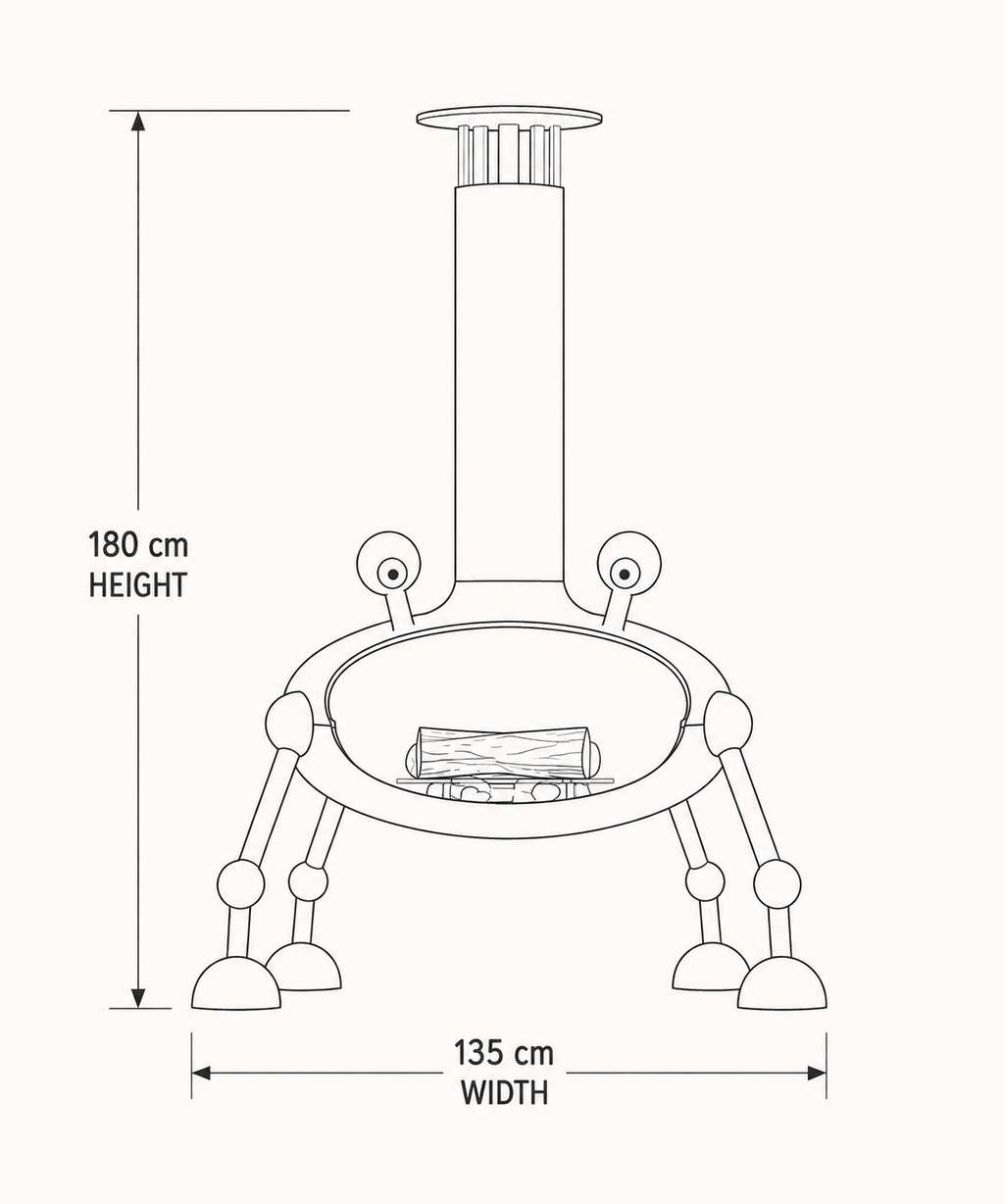Black and white line drawing of a freestanding fire pit or small stove with dimension labels showing 180 cm height and 135 cm width on a light background.