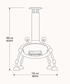 Black and white line drawing of a freestanding fire pit or small stove with dimension labels showing 180 cm height and 135 cm width on a light background.