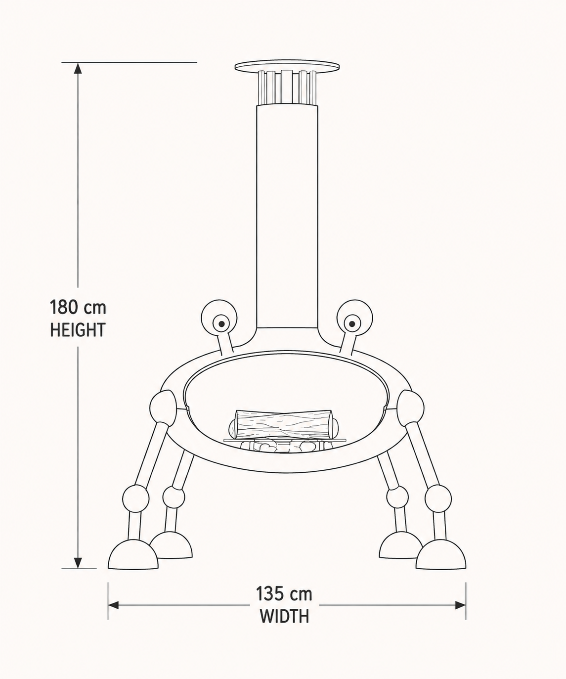 Black and white line drawing of a freestanding fire pit or small stove with dimension labels showing 180 cm height and 135 cm width on a light background.